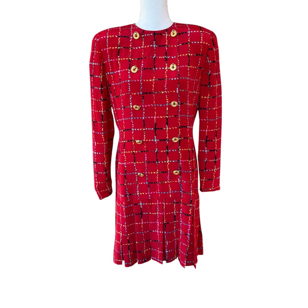 Vintage Red Plaid Silk Double Breasted Dress Women's Size 10 Pleated Midi